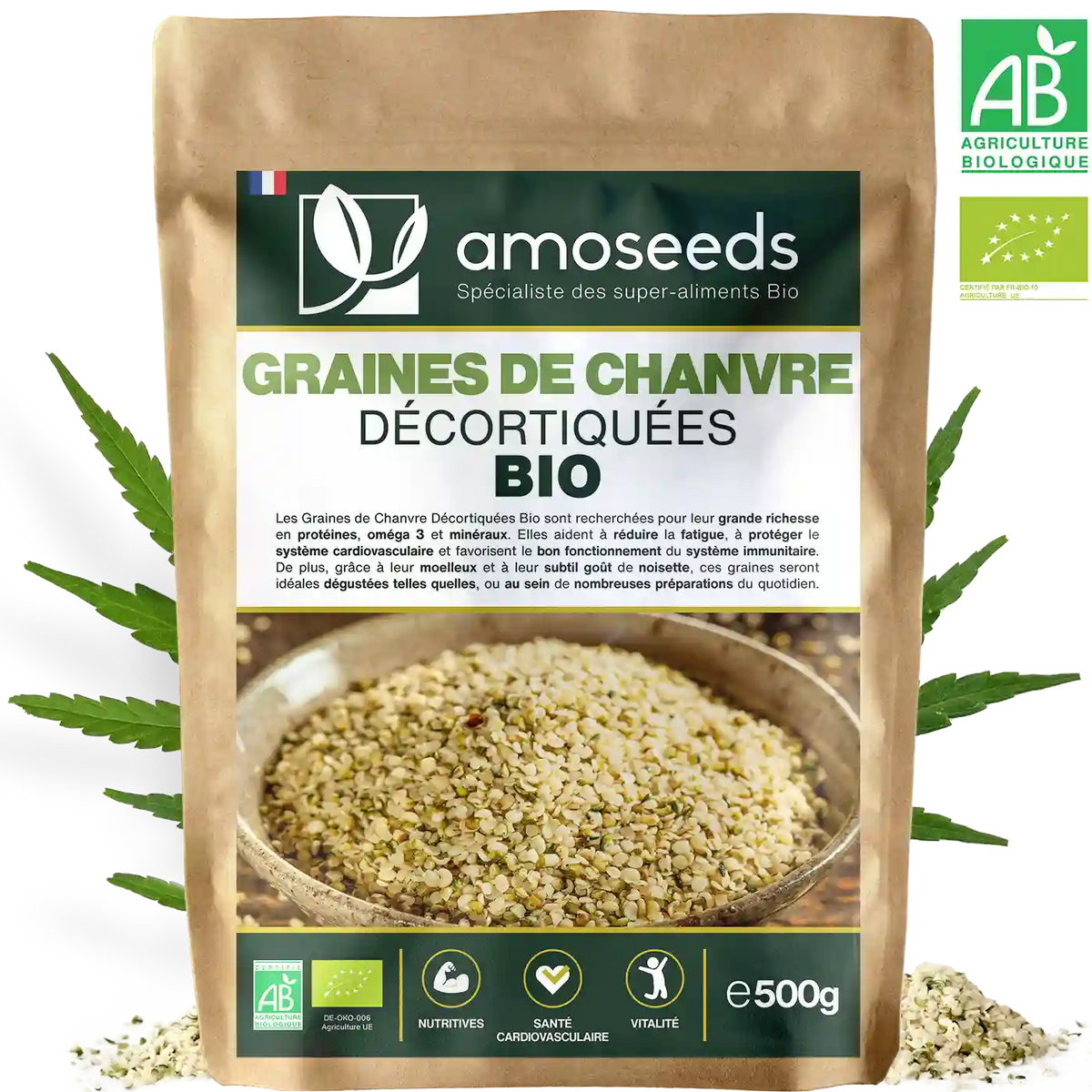 Graines de chanvre decortiquees Bio amoseeds specialiste des super aliments Bio