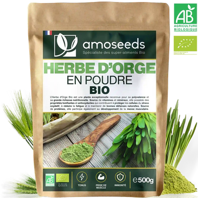 Herbe d'Orge en poudre Bio amoseeds specialiste des super aliments Bio