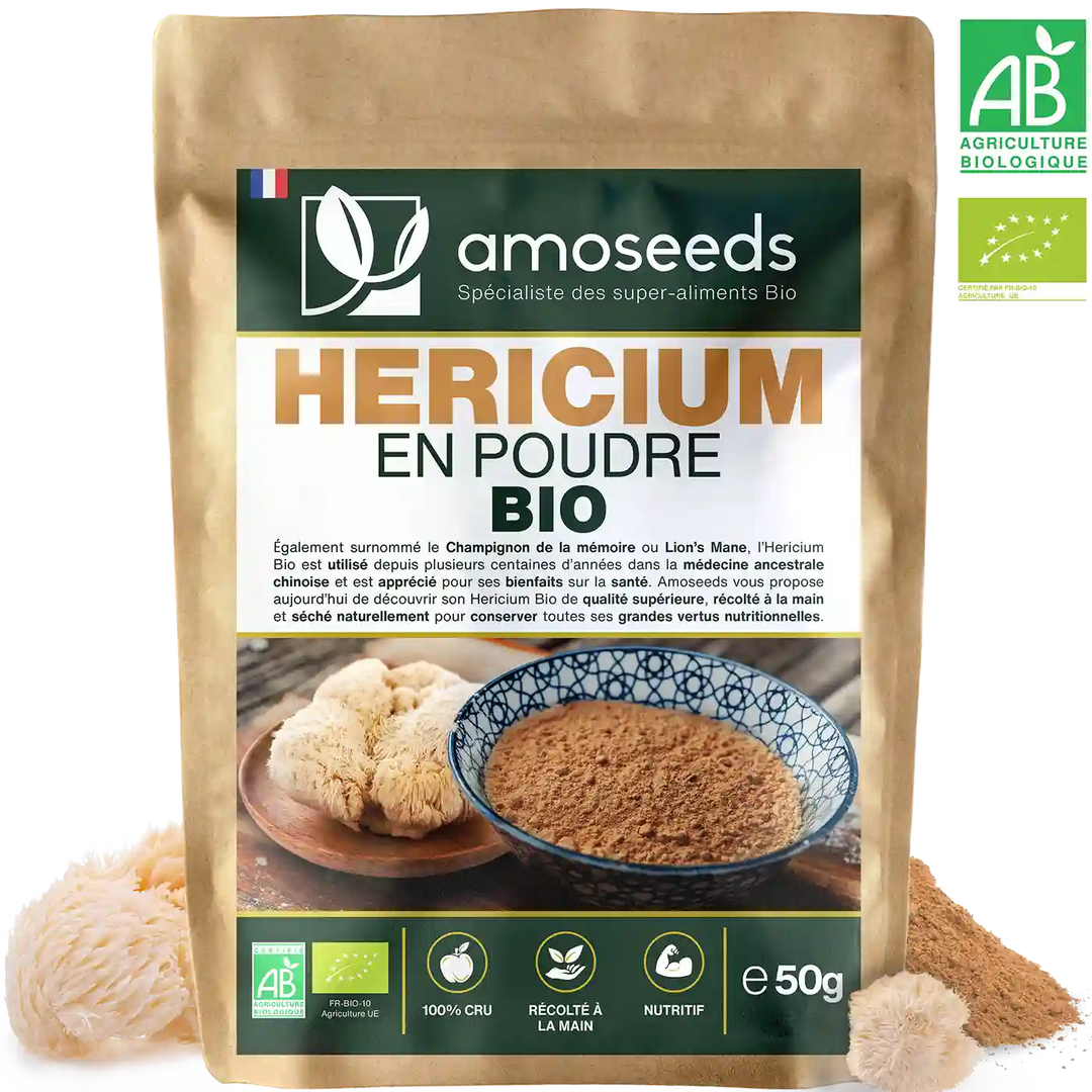 Hericium en poudre Bio 50G amoseeds specialiste des super aliments Bio