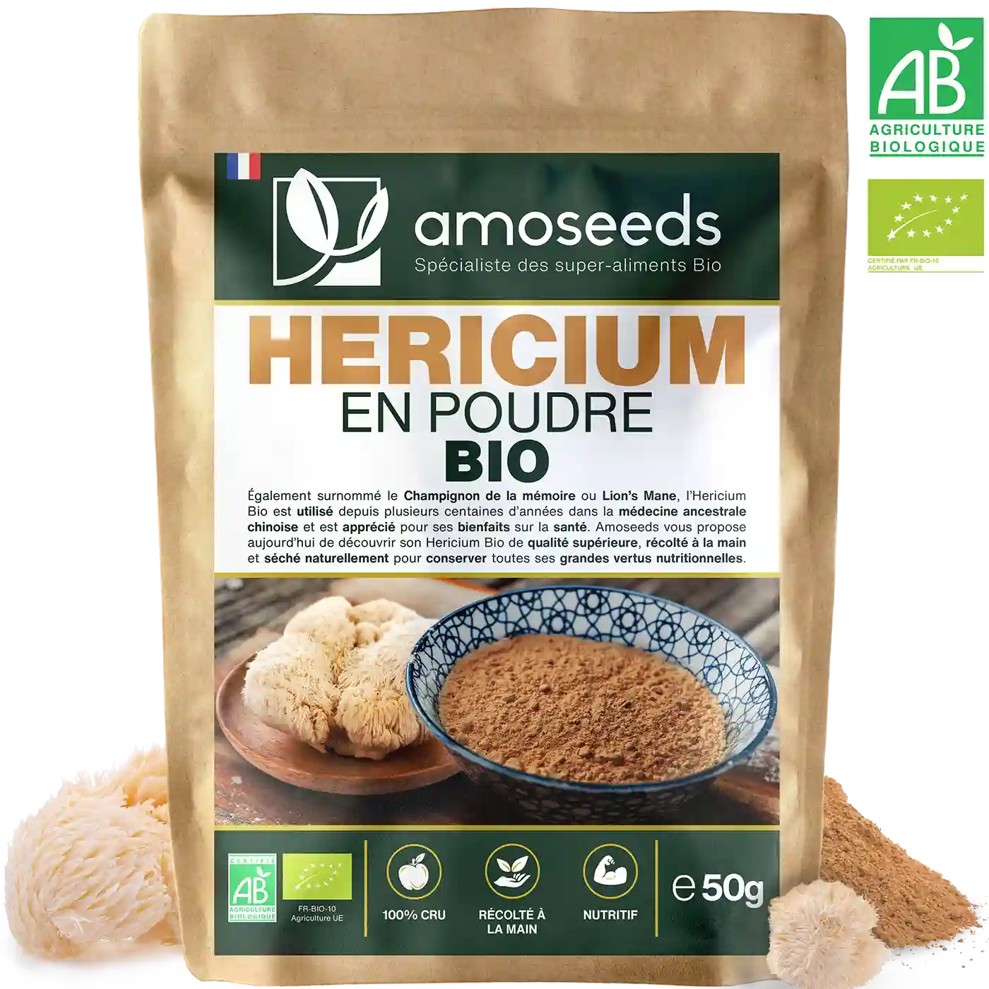 Hericium en poudre Bio 50G amoseeds specialiste des super aliments Bio