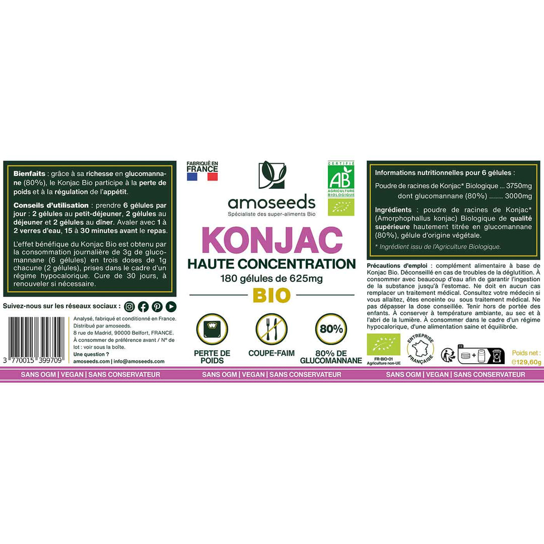 Konjac Pur 100% - 120 gélules, Coupe faim naturel, Minceur, Fabriqué en  France