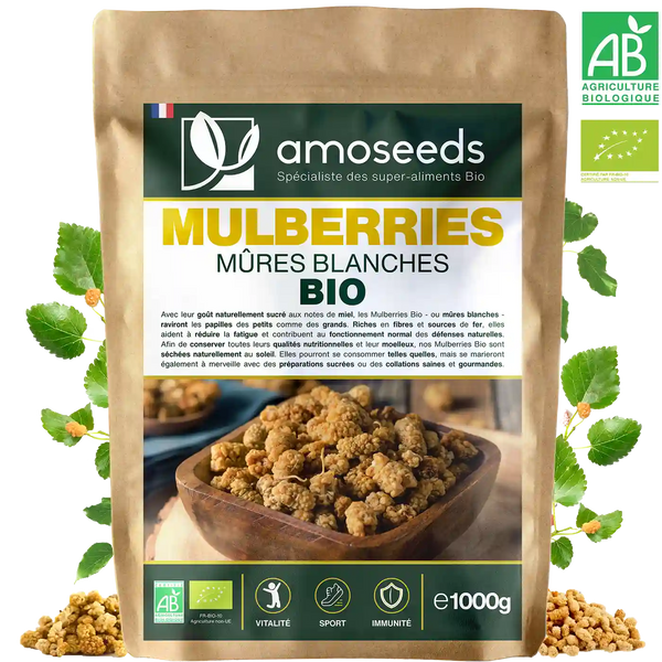 Mulberries Mures Blanches Bio amoseeds specialiste des super aliments Bio.