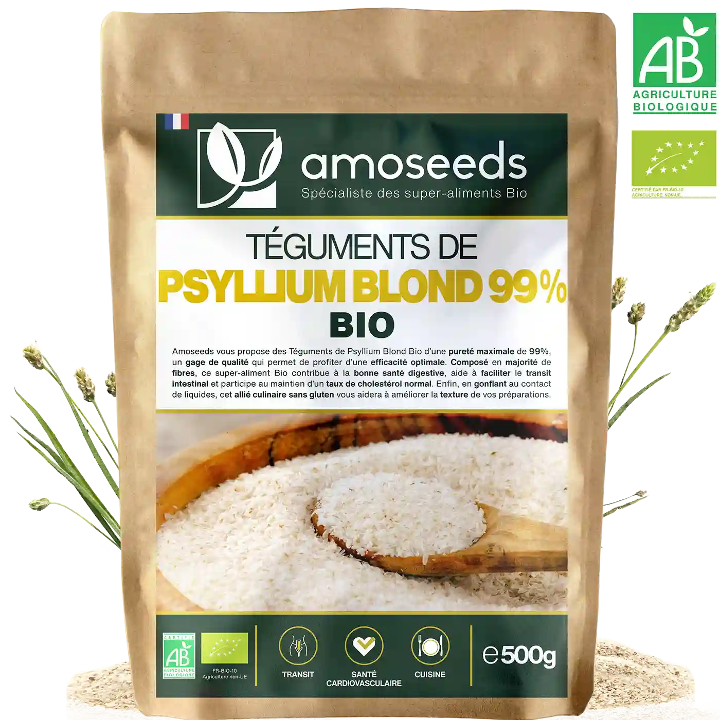 Teguments Psyllium Blond Bio 500G amoseeds specialiste des super aliments Bio