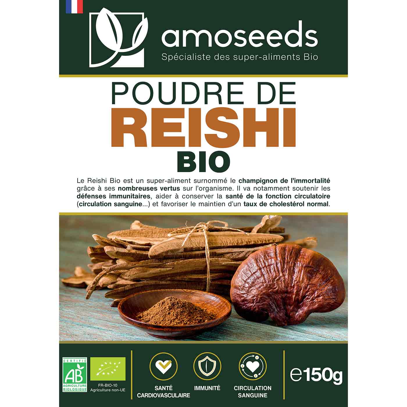 Reishi en poudre bio 150G amoseeds specialiste des super aliments Bio
