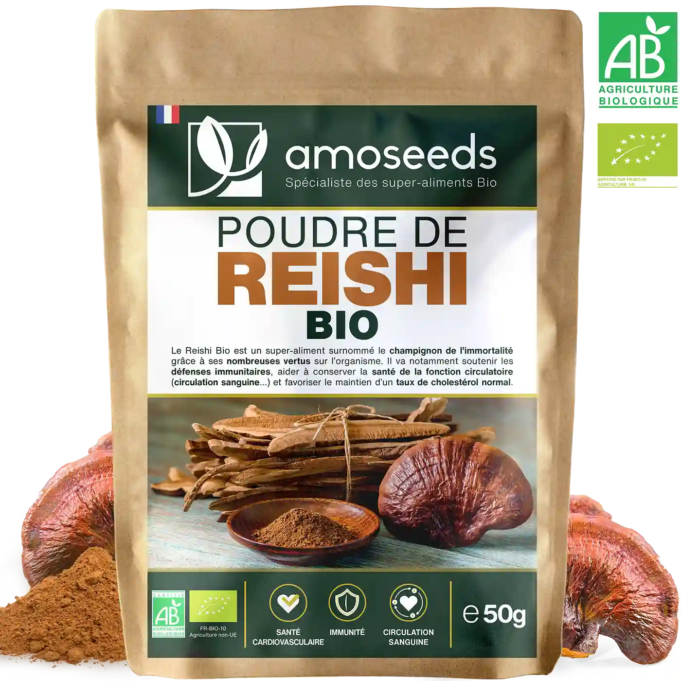 Reishi en poudre bio 50G amoseeds specialiste des super aliments Bio