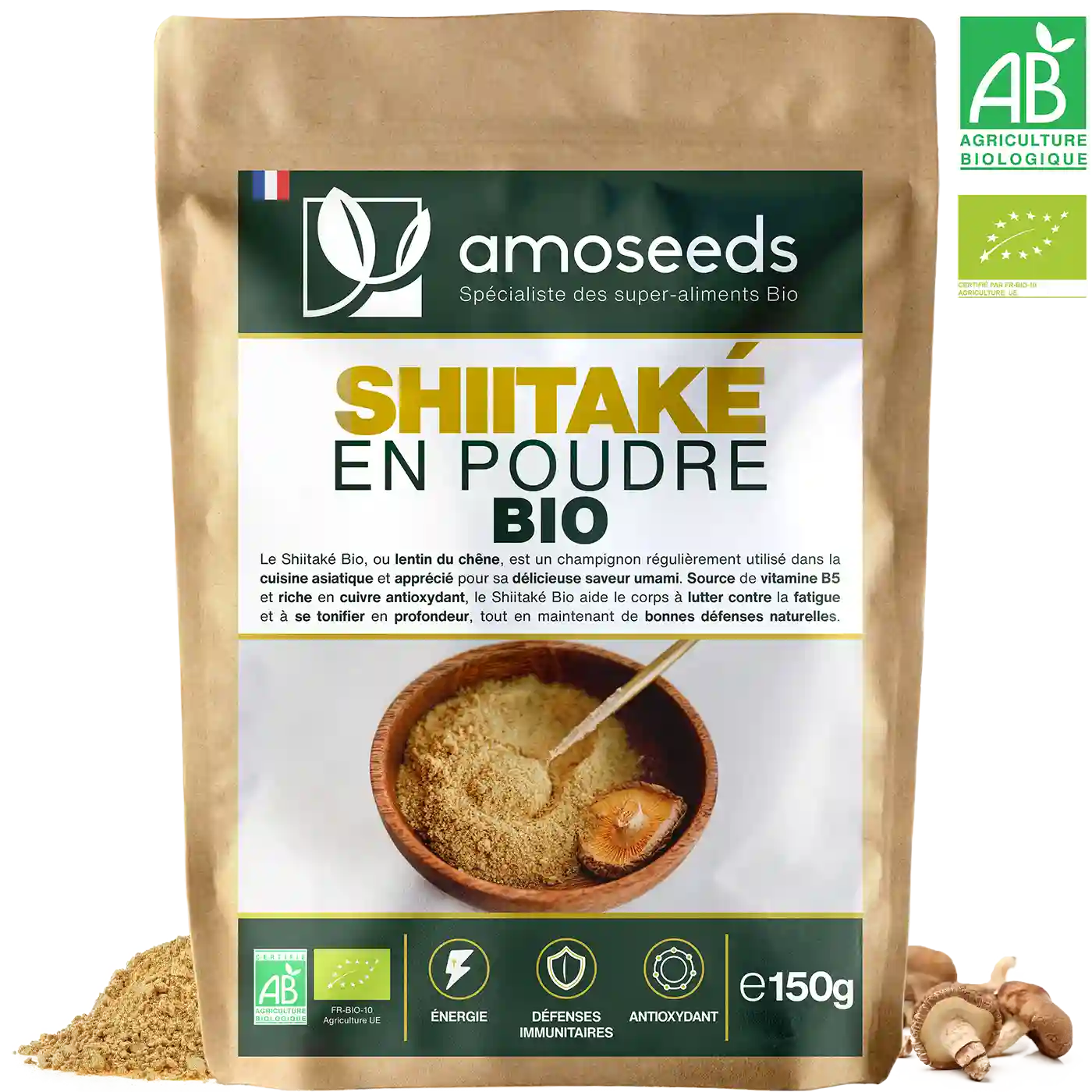 Shiitake en poudre bio 150G amoseeds specialiste des super aliments bio